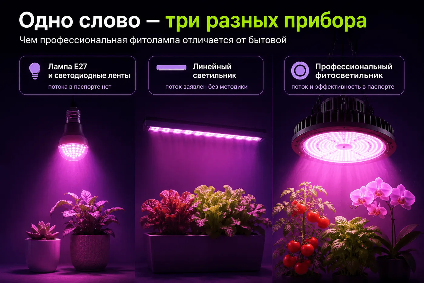 Три класса приборов, которые называют фитолампами: бытовая лампа E27 без фотонного потока в паспорте, линейный светильник с заявленным потоком без методики измерения и профессиональный фитосветильник с потоком и эффективностью в паспорте