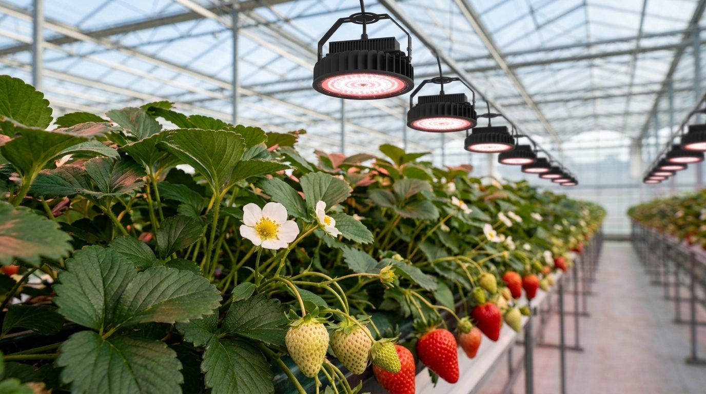 Материал ECOLED-BIO: Красно-белый LED-спектр для нижнего яруса земляники в многоярусных теплицах