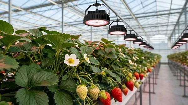 Красно-белый LED-спектр для нижнего яруса земляники в многоярусных теплицах