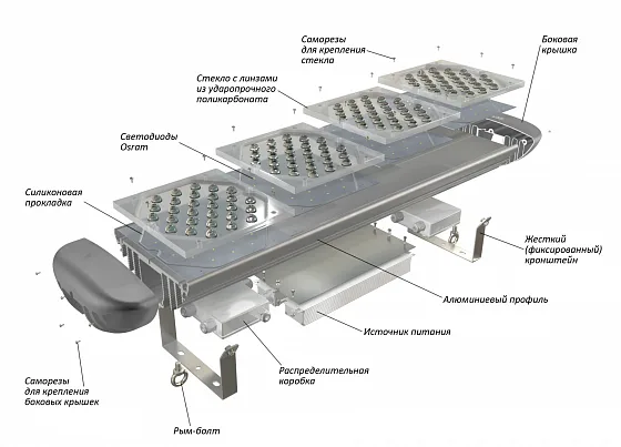 Фитосветильник ECOLED-BIO-140-235W-xx F-UniversaLED, UniversaLED — взрыв-схема, вид спереди